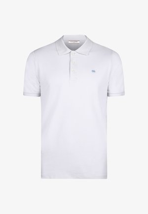 Weißes Poloshirt mit kurzen Ärmeln, drei Knöpfen und einem kleinen hellblauen Elefantenlogo auf der linken Brust.