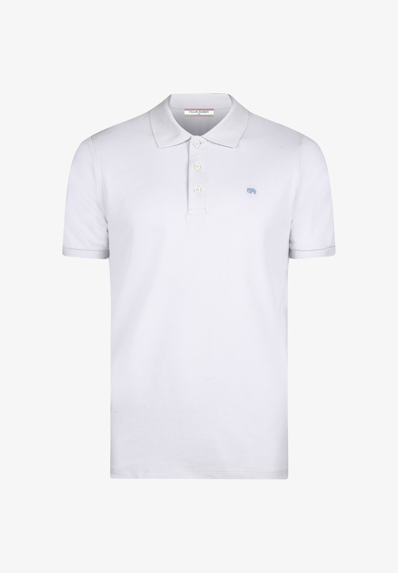 Polo blanc à manches courtes avec trois boutons et un petit logo éléphant bleu clair sur la poitrine gauche.