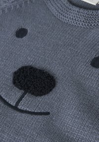 Grauer Strickpullover mit Bärengesicht-Design. Strukturierte schwarze Nase und bestickter Mund. Gerippter Rundhalsausschnitt. Weiches Material.