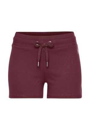 Burgundy shorts made from soft fabric with an elastic waistband, adjustable drawstring, and straight cut; features a small logo on the side.