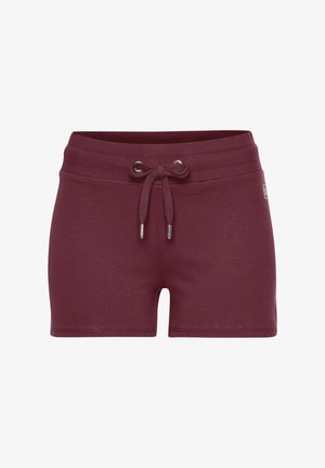 Burgundy shorts made from soft fabric with an elastic waistband, adjustable drawstring, and straight cut; features a small logo on the side.