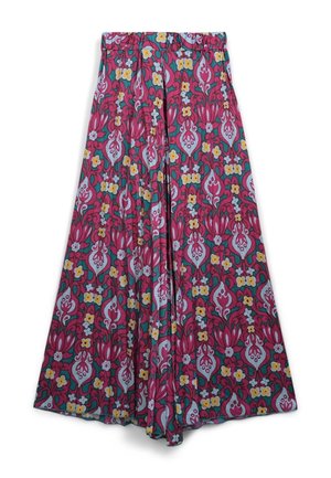 Pantalon à jambes larges avec taille élastique, présentant un motif floral vif en magenta, sarcelle, jaune et bleu clair.
