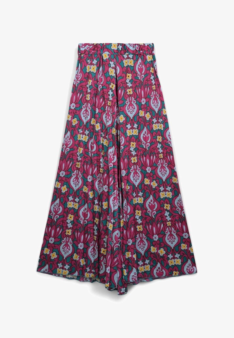 Pantalon à jambes larges avec taille élastique, présentant un motif floral vif en magenta, sarcelle, jaune et bleu clair.