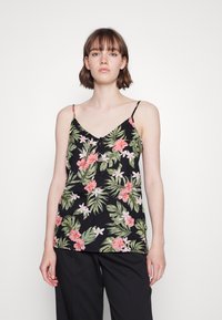 Camisola preta com estampado tropical em rosa e verde, alças finas ajustáveis e decote em V. Tecido suave com um corte descontraído.
