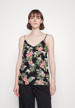 Camisola preta com estampado tropical em rosa e verde, alças finas ajustáveis e decote em V. Tecido suave com um corte descontraído.