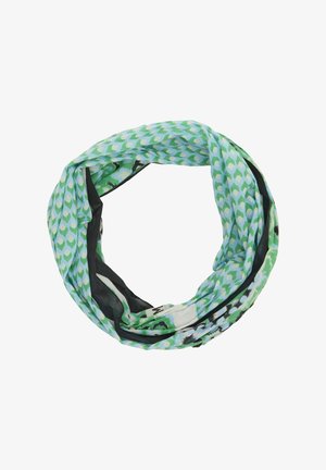 Infinity scarf featuring a geometric pattern in green and light blue, with black accents. Made of lightweight, soft fabric with a smooth texture.