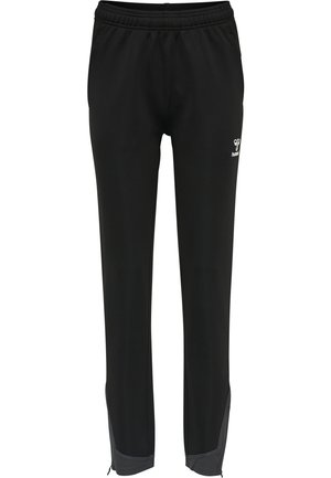 Pantalons de sport noirs avec une taille élastique, dotés d'accents gris aux chevilles et d'un logo sur le devant. Fabriqués en tissu lisse.