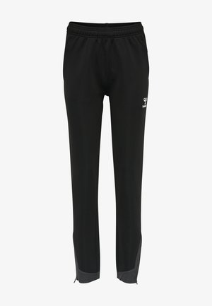 Schwarze Sporthose mit elastischem Bund, mit grauen Akzenten an den Knöcheln und einem Logo auf der Vorderseite. Hergestellt aus einem glatten Stoff.