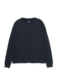 Donkerblauwe sweatshirt met lange mouwen, ronde halslijn en een losse pasvorm. Zachte stof met minimale naden en geen zichtbare patronen of accenten.