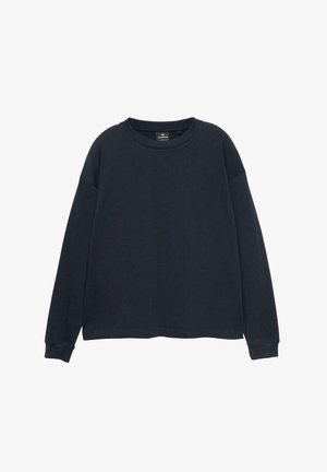 Dunkelblaues Sweatshirt mit langen Ärmeln, rundem Halsausschnitt und lockerer Passform. Weicher Stoff mit minimalen Nähten und ohne sichtbare Muster oder Akzente.