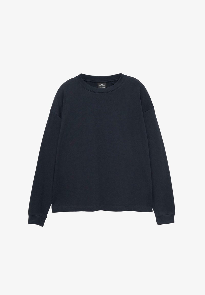 Felpa di un blu scuro con maniche lunghe, scollo rotondo e vestibilità rilassata. Tessuto morbido con cuciture minime e senza motivi o accenti visibili.