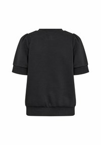 Sweat-shirt noir à manches courtes avec épaules bouffantes, poignets et ourlet côtelés, et petit logo circulaire embossé dans le haut du dos.