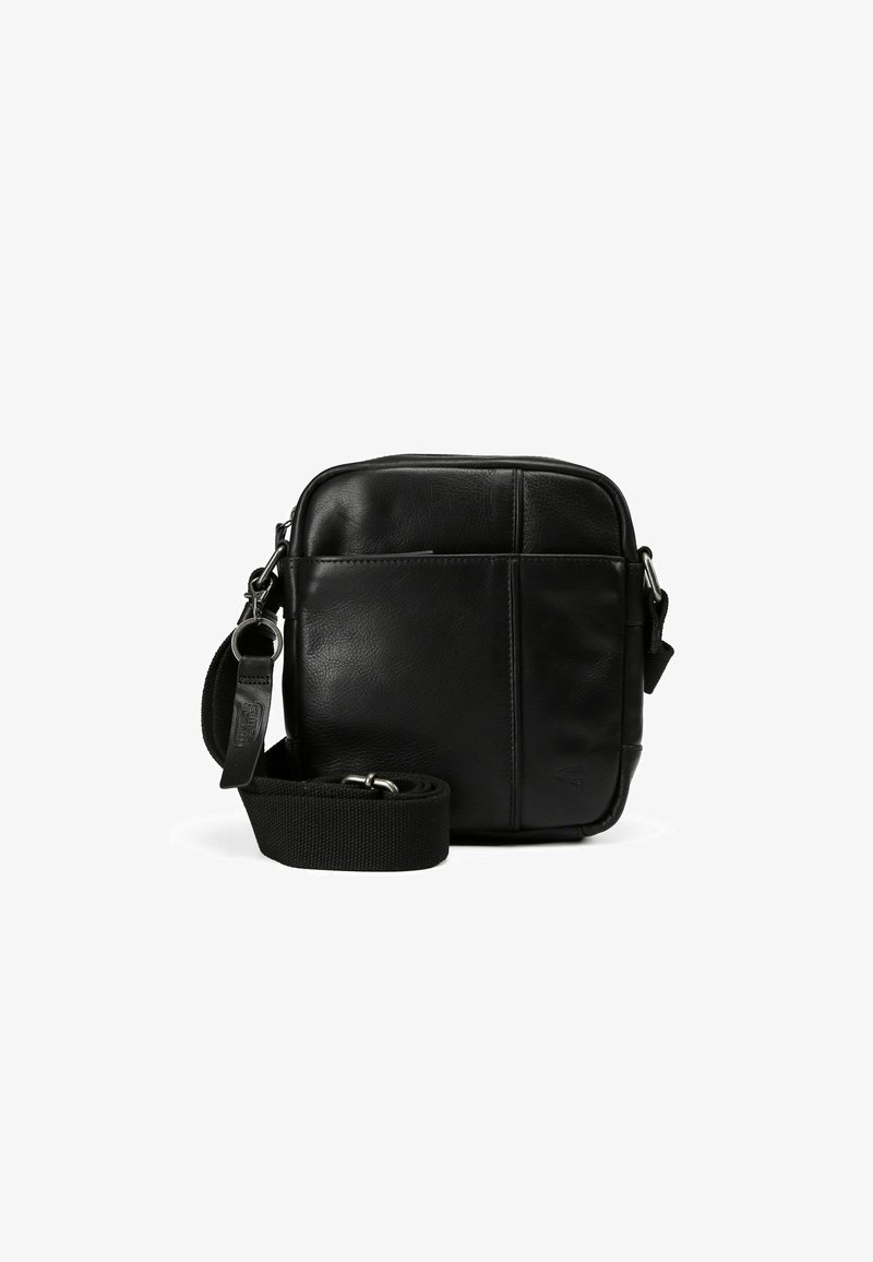 Borsa a tracolla nera in pelle con forma rettangolare, fascia regolabile e dettagli di cucitura sottili. Texture liscia con design minimalista.