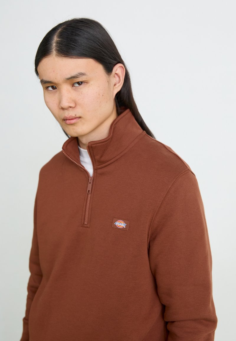 Pullover in pile marrone con colletto con zip, caratterizzato da un piccolo logo applicato. Il tessuto sembra morbido e ha una superficie liscia.