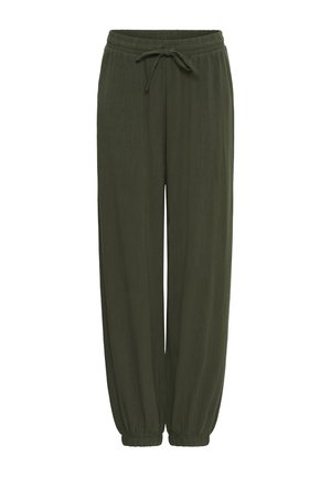 Široke tamnozelene hlače s elastičnim pojasom, vezicom i elastičnim manšetama na gležnjevima.