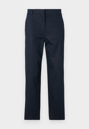 Marineblå bukser med rett ben-design, laget av et glatt stoff, med flat front og beltehemper. Ingen synlige mønstre eller detaljer.