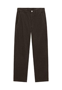 Pantalon en velours côtelé marron à jambe droite, doté de poches avant et d'une fermeture à bouton. Le tissu a une texture côtelée et une conception robuste.