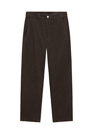 Brązowe spodnie sztruksowe o prostych nogawkach, z przednimi kieszeniami i zapięciem na guzik. Tkanina ma prążkowaną fakturę i solidną konstrukcję.