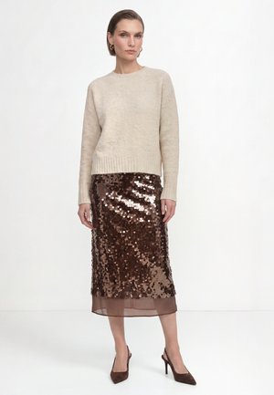 Woman wearing a beige knit sweater, a brown sequined midi skirt with sheer hem, and brown high-heeled slingback shoes standing against white background.