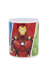 Ceramic mug featuring comic-style illustrations of Iron Man in red and gold, with Hulk in green, against blue and red backgrounds.