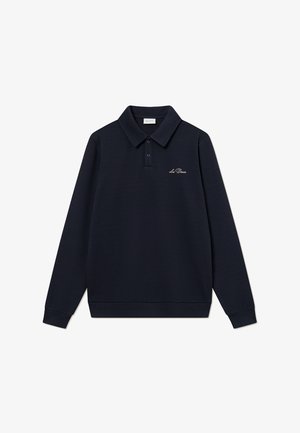 Mørkeblå langærmet polo shirt lavet af blødt stof, med en klassisk krave og et lille broderet logo på venstre brystområde.