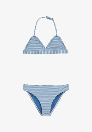 Modrý a biely pruhovaný bikiny s trojuholníkovým halterovým topom a zodpovedajúcimi nízkymi nohavičkami na bielom pozadí.