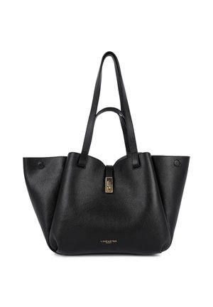 Zwarte leren totebag met dubbele handvatten, gouden sluiting en het "Lancaster Paris" logo geperst op het midden van de voorkant.