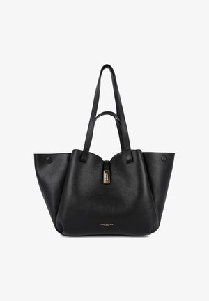 Zwarte leren totebag met dubbele handvatten, gouden sluiting en het "Lancaster Paris" logo geperst op het midden van de voorkant.