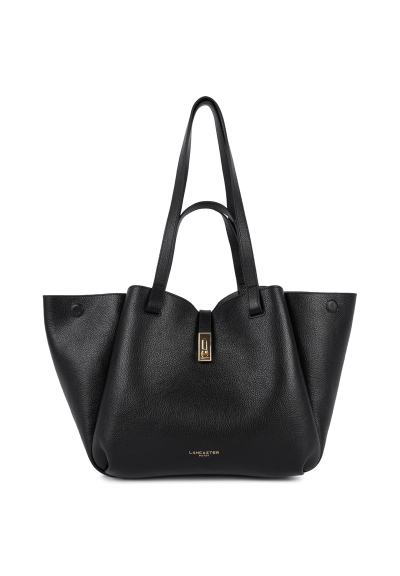 Sac cabas en cuir noir avec doubles poignées, fermoir doré et logo "Lancaster Paris" embossé au centre avant.