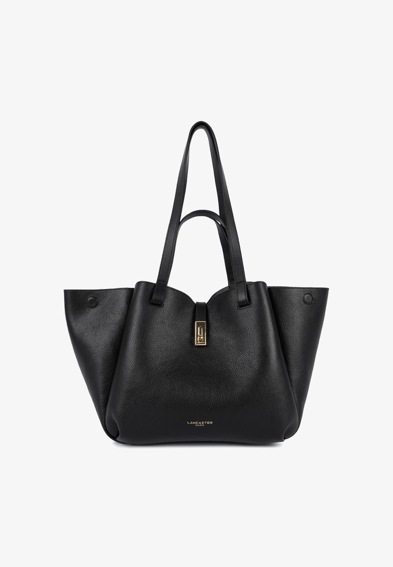 Sac cabas en cuir noir avec doubles poignées, fermoir doré et logo "Lancaster Paris" embossé au centre avant.