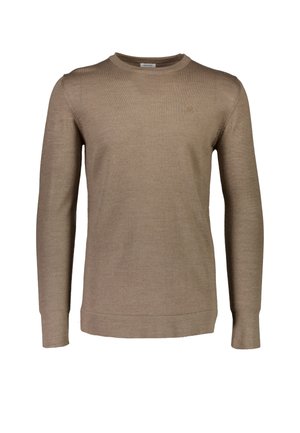 Lichtbruine, langarmige gebreide trui met een ronde hals. Gemaakt van zacht materiaal, met geribbelde manchetten en een subtiel logo op de borst.