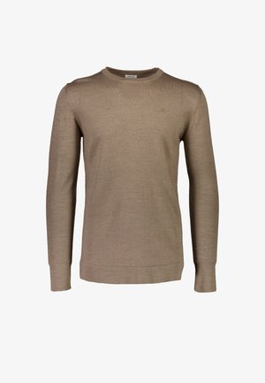 Lichtbruine, langarmige gebreide trui met een ronde hals. Gemaakt van zacht materiaal, met geribbelde manchetten en een subtiel logo op de borst.