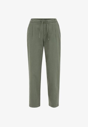 Pantalones de lino verdes con una cintura elástica, detalle de cordón, dos bolsillos delanteros y un diseño de pierna ajustada. Textura suave, estilo casual.