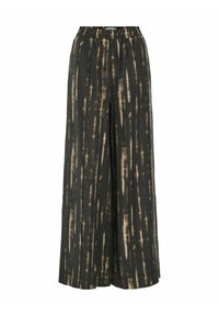 Pantalons larges en tissu sombre avec un motif d'oyes vertical en teintes beige et marron, dotés d'une taille élastique pour plus de confort.
