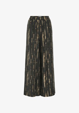 Pantalons larges en tissu sombre avec un motif d'oyes vertical en teintes beige et marron, dotés d'une taille élastique pour plus de confort.