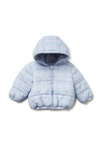 Světle modrá péřová bunda s kapucí; má prošívaný design, elastické manžety a lem; měkký, polstrovaný materiál; přední zip.