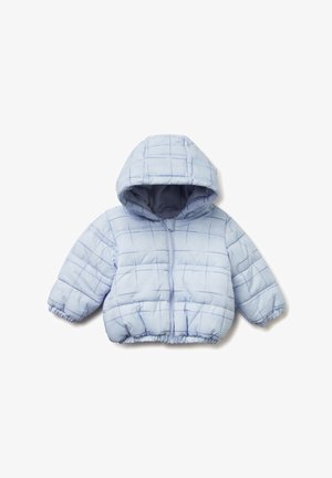 Giacca a vento trapuntata di colore azzurro chiaro con cappuccio; presenta un design trapuntato, polsini e orlo elasticizzati; materiale morbido e imbottito; chiusura frontale con zip.