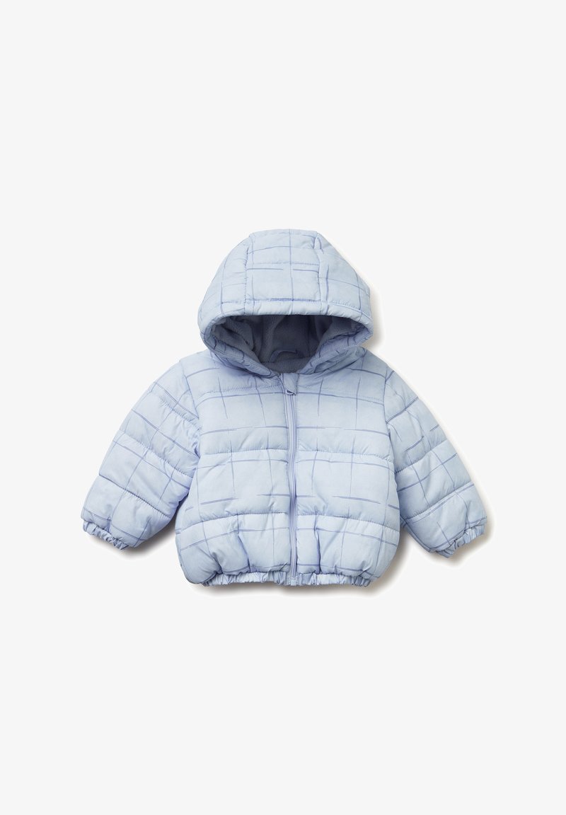 Jasnoniebieska kurtka puchowa z kapturem; posiada pikowany wzór, elastyczne mankiety i dół; miękki, wypełniony materiał; zamek błyskawiczny z przodu.