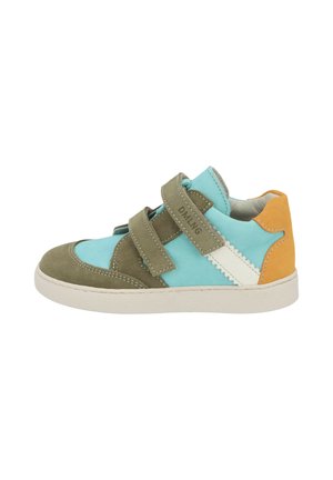 Child’s sneaker with blue, olive green, white, and orange panels, two olive green velcro straps, and white rubber sole.