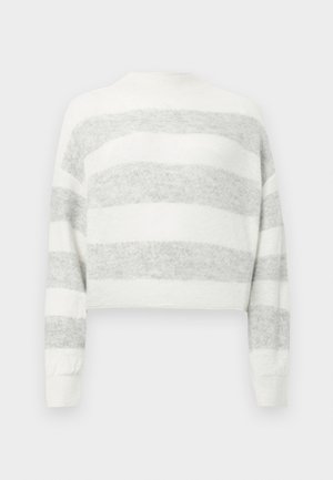 Camisola curta em branco com riscas horizontais cinza. Textura suave, mangas compridas, decote redondo e punhos canelados.