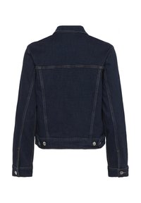 Dunkelblaue Jeansjacke mit klassischem Design, Knopfverschluss und kontrastierenden Nähten; glatte Textur mit strukturierter Passform.