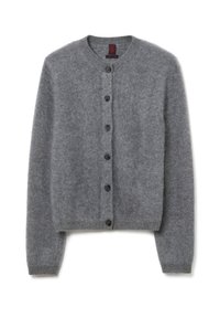 Grau wollene Strickjacke mit Rundhalsausschnitt, sieben schwarzen Knöpfen an der Vorderseite sowie gerippten Bündchen und Saum. Weicher, strukturierter Stoff.