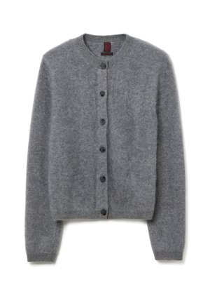 Grijze wollen cardigan met een ronde hals, zeven zwarte knopen aan de voorkant en geribbelde manchetten en zoom. Zachte, gestructureerde stof.
