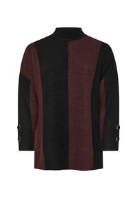 Stickad tröja med en mock neck, som har växlande svarta och burgundy paneler. Inkluderar silverfärgade accentknappar på ärmarna.