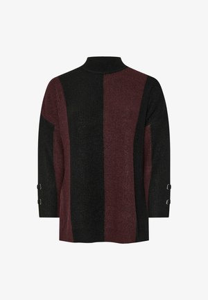 Suéter de punto con cuello alto, con paneles alternados en negro y burdeos. Incluye botones plateados como acento en las mangas.