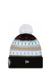 Berretto in maglia nero, bianco e grigio con motivi multicolori. Presenta un pompon bianco sulla sommità e una toppa con logo sul polsino.