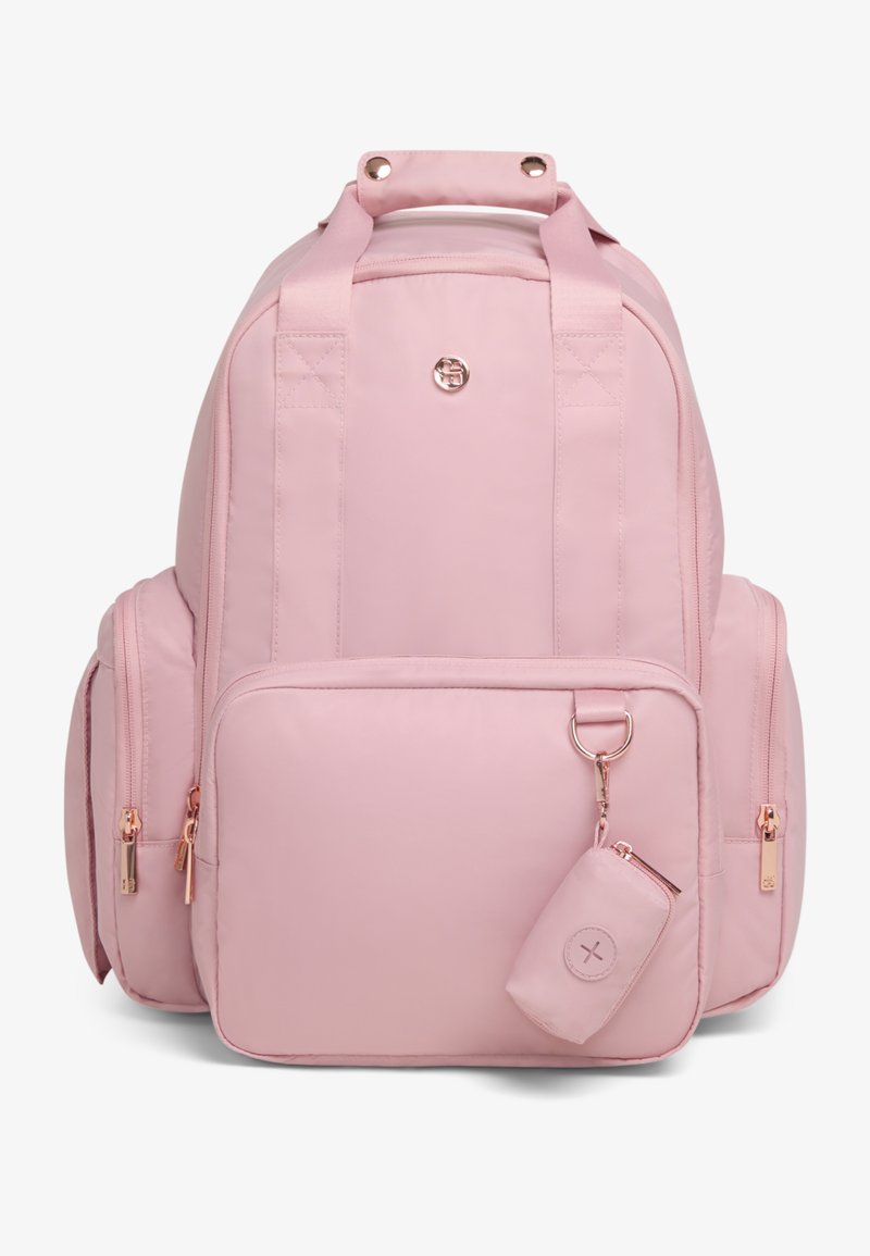 Ροζ σακίδιο πλάτης με κουβάρτα υφή, διακοσμημένο με ροζ χρυσές λεπτομέρειες, δύο πλαϊνές τσέπες, μία μπροστινή θήκη με φερμουάρ και μία μικρή αποσπώμενη θήκη.