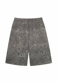 Szare szorty z wzorem paisley w różnych odcieniach, z elastycznym paskiem w talii i miękką teksturą materiału, idealne na co dzień.