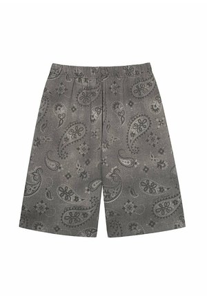Graue Shorts mit einem Paisleymuster in verschiedenen Farbtönen, einem elastischen Bund und einer weichen Stoffstruktur, geeignet für die Freizeit.
