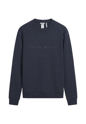Felpa blu navy a maniche lunghe con scollo a girocollo, logo e testo "Antony Morato" in rilievo sul davanti, polsini e orlo a coste.